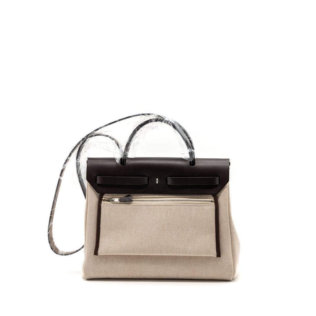 HERMES HERBAG 31 ZIP BAG TOILE H PLUME HUNTER/ CANVAS EBENE/ ECRU/ BEIGE/ EBENE SHW