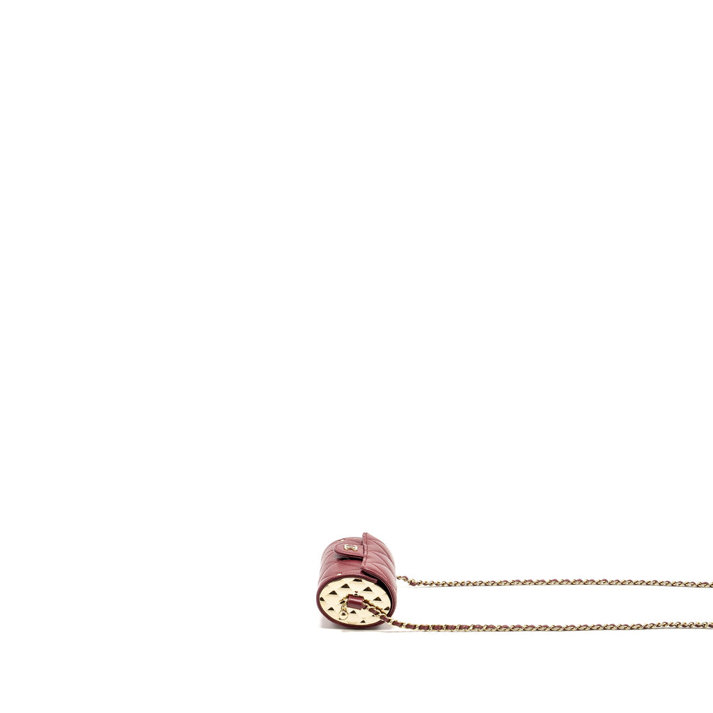 CHANEL QUILTED BOX OF SECRETS LIPSTICK CASE / CARD HOLDER WITH CHAIN LAMBSKIN BURGUNDY GHW