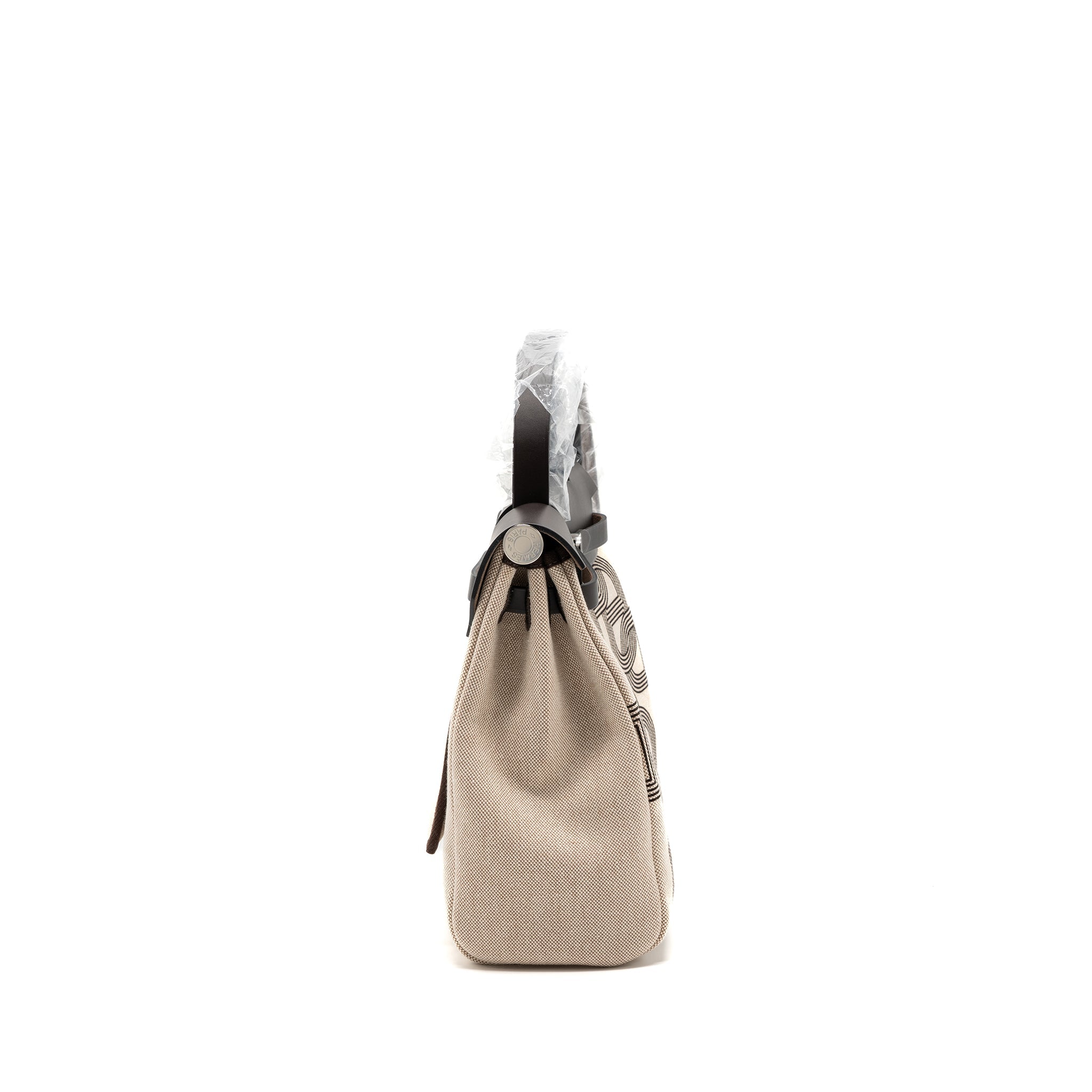 HERMES HERBAG 31 ZIP BAG TOILE H PLUME HUNTER/ CANVAS EBENE/ ECRU/ BEIGE/ EBENE SHW