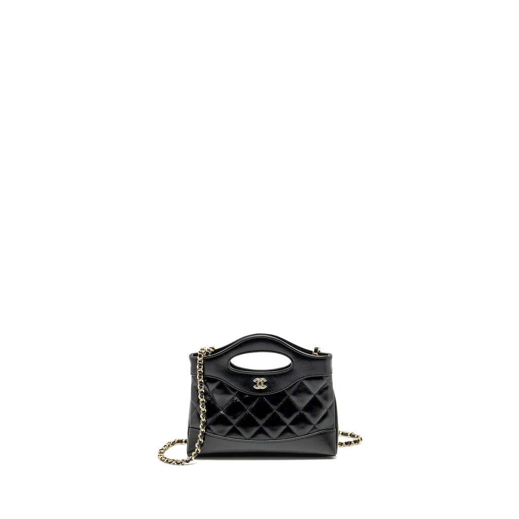 CHANEL MINI 31 CLUTCH WITH CHAIN SHINY CALFSKIN BLACK LGHW (MICROCHIP)