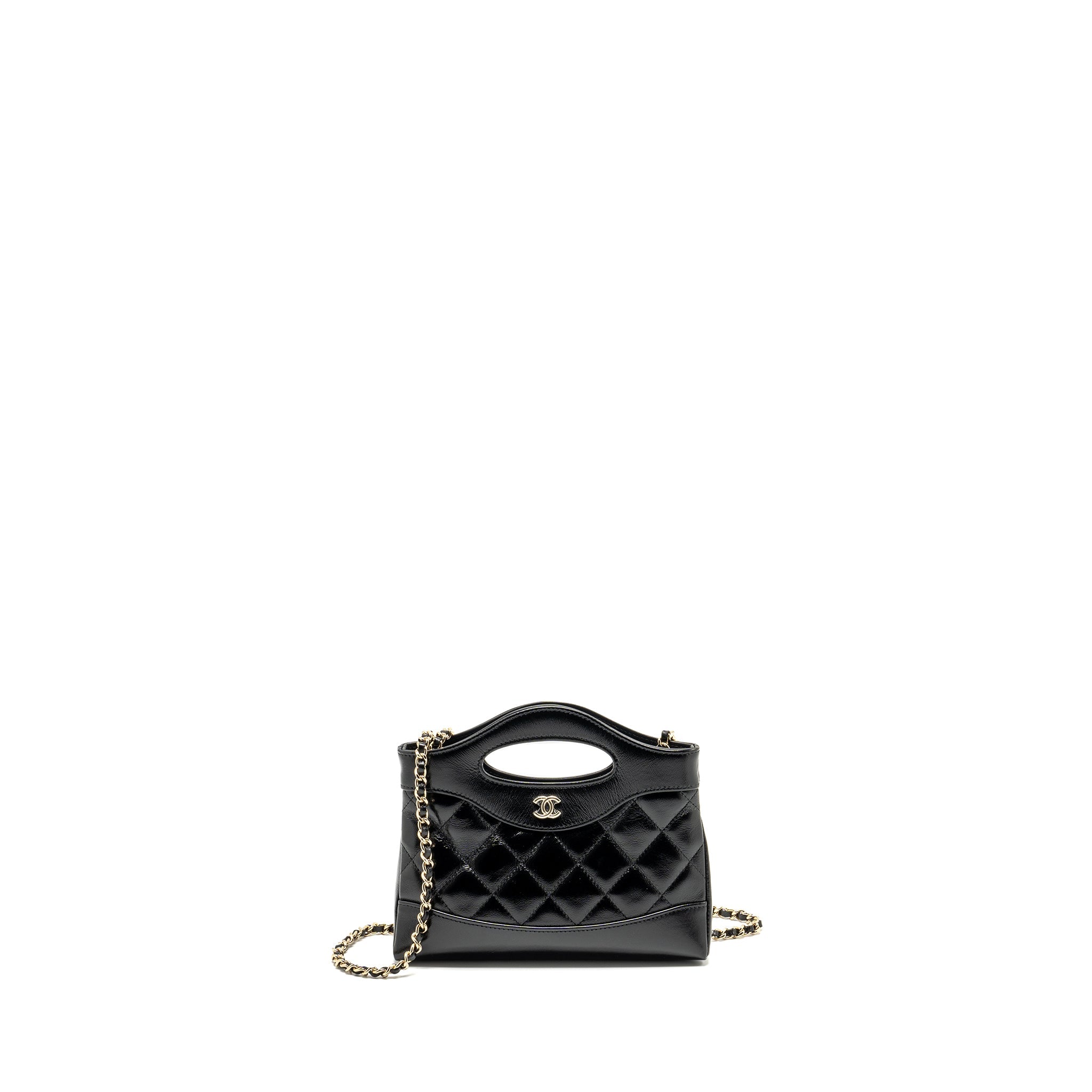 CHANEL MINI 31 CLUTCH WITH CHAIN SHINY CALFSKIN BLACK LGHW (MICROCHIP)