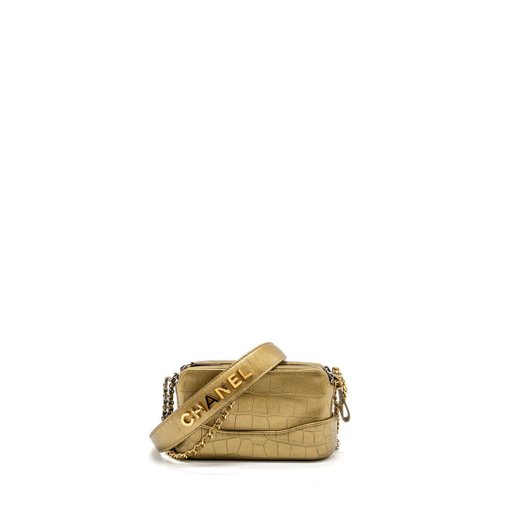 CHANEL GABRIELLE DOUBLE ZIP CLUTCH ON CHAIN CROCODILE-EMBOSSED CALFSKIN GOLD MULTICOLOUR HARDWARE