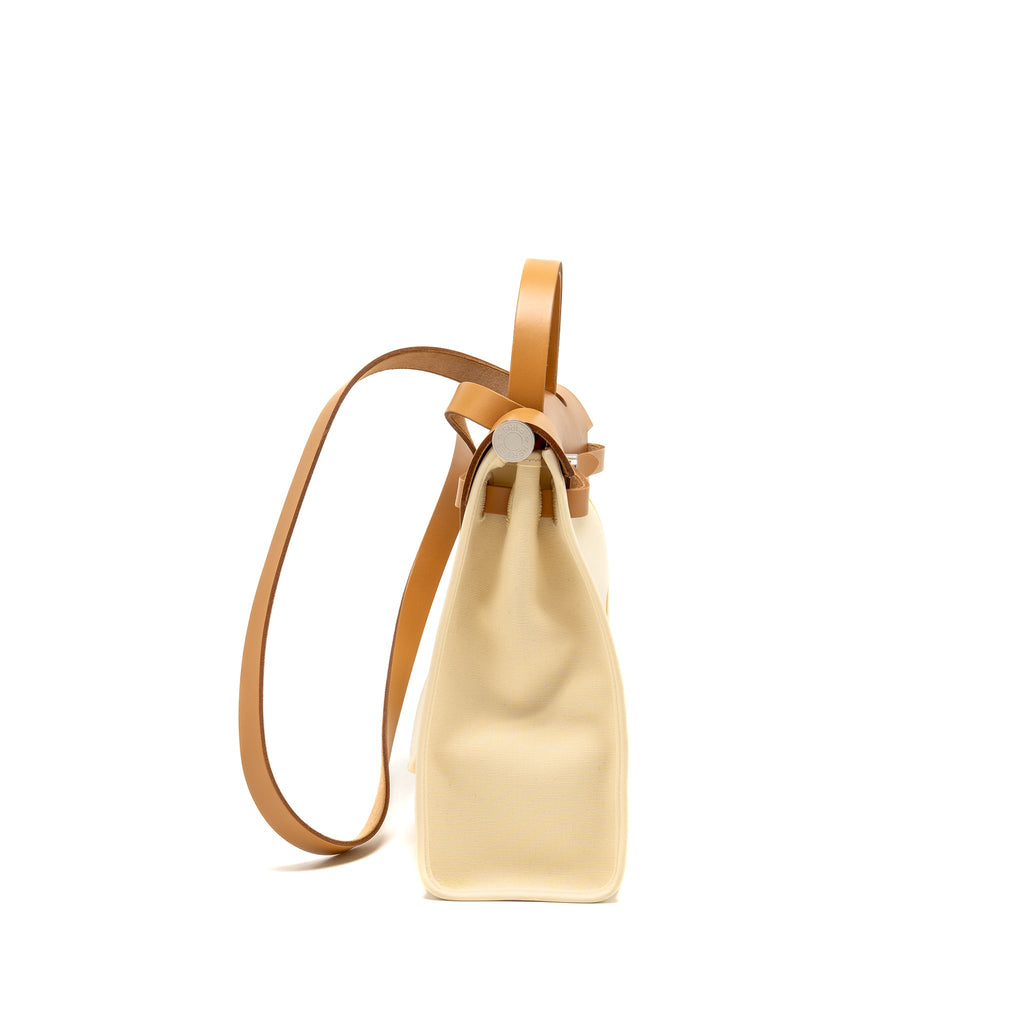 HERMES HERBAG 31 ZIP BAG CANVAS/HUNTER LEATHER VANILLE/NATUREL-SABLE SHW
