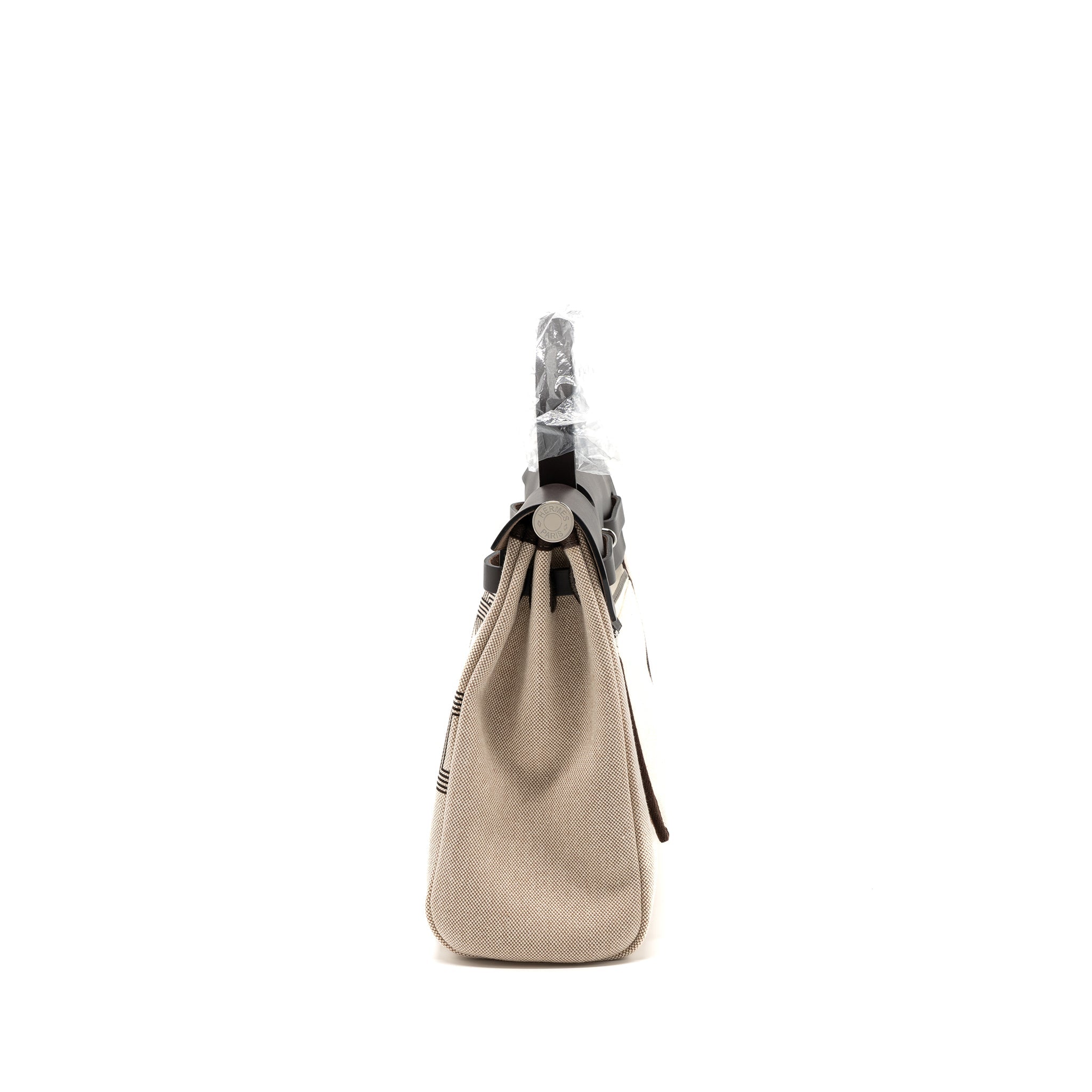 HERMES HERBAG 31 ZIP BAG TOILE H PLUME HUNTER/ CANVAS EBENE/ ECRU/ BEIGE/ EBENE SHW