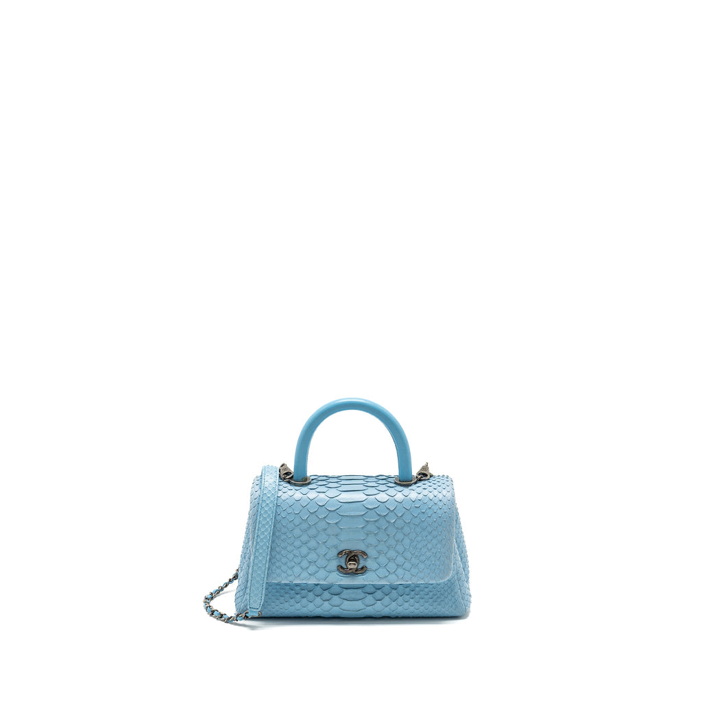 CHANEL SMALL COCO HANDLE PYTHON LIGHT BLUE RUTHENIUM HARDWARE