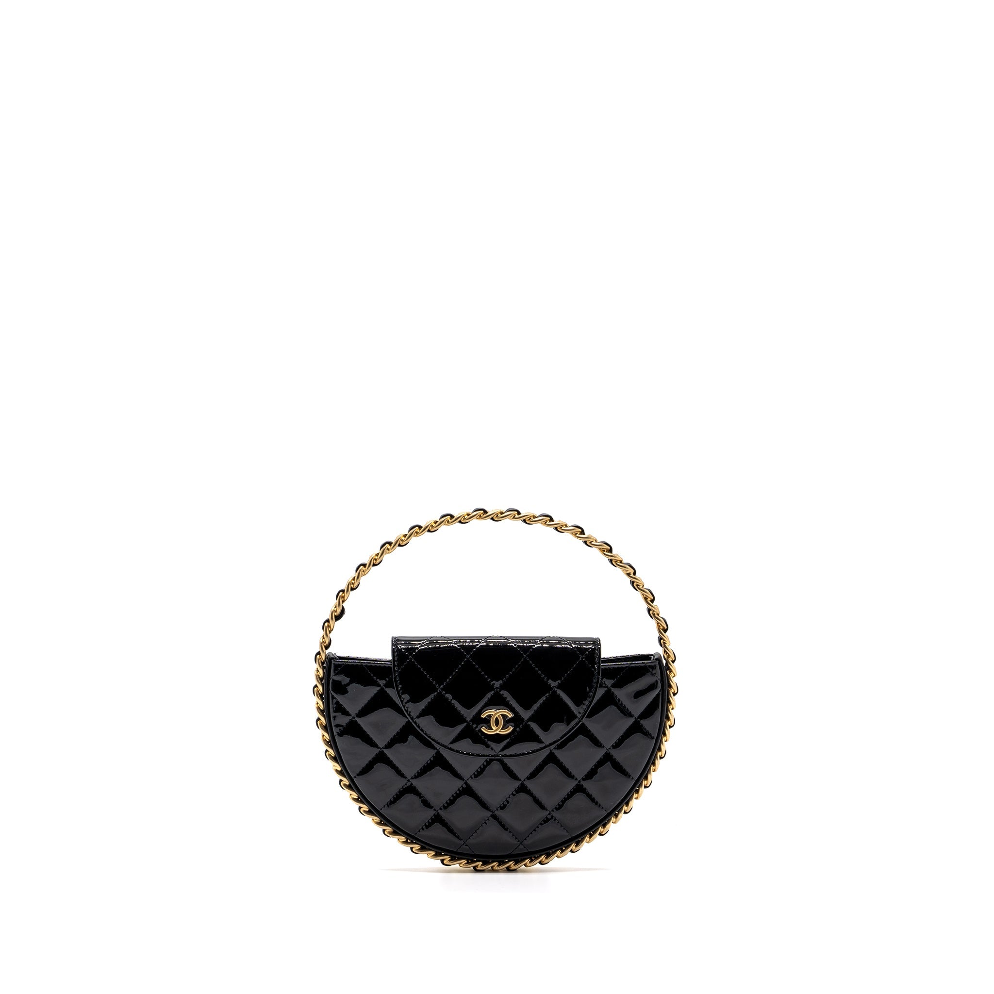 CHANEL 23K HOOP BAG PATENT BLACK GHW (MICROCHIP)