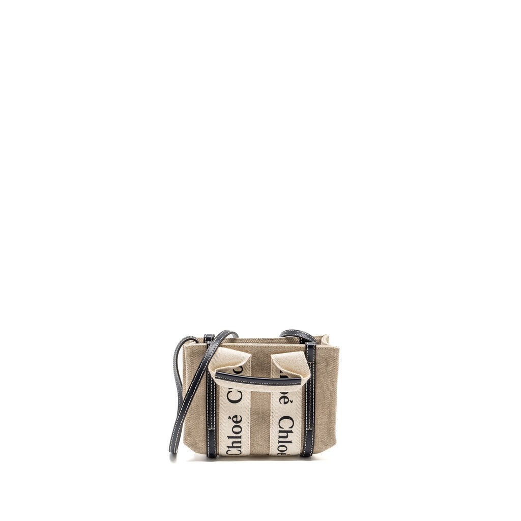CHLOE WOODY MINI TOTE BAG CANVAS BEIGE/BLACK