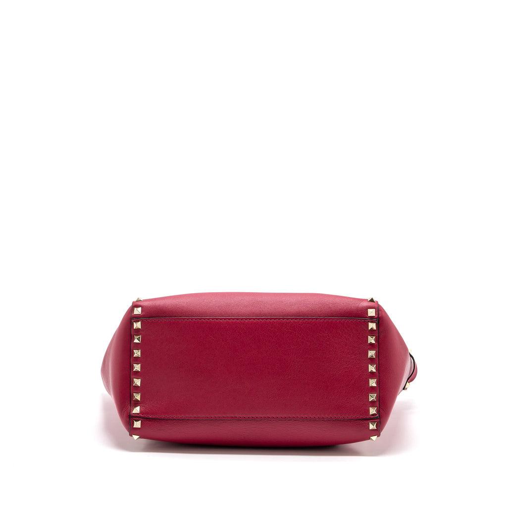 VALENTINO MEDIUM ROCKSTUD DOUBLE HANDLE TOP BAG CALFSKIN PINK LGHW