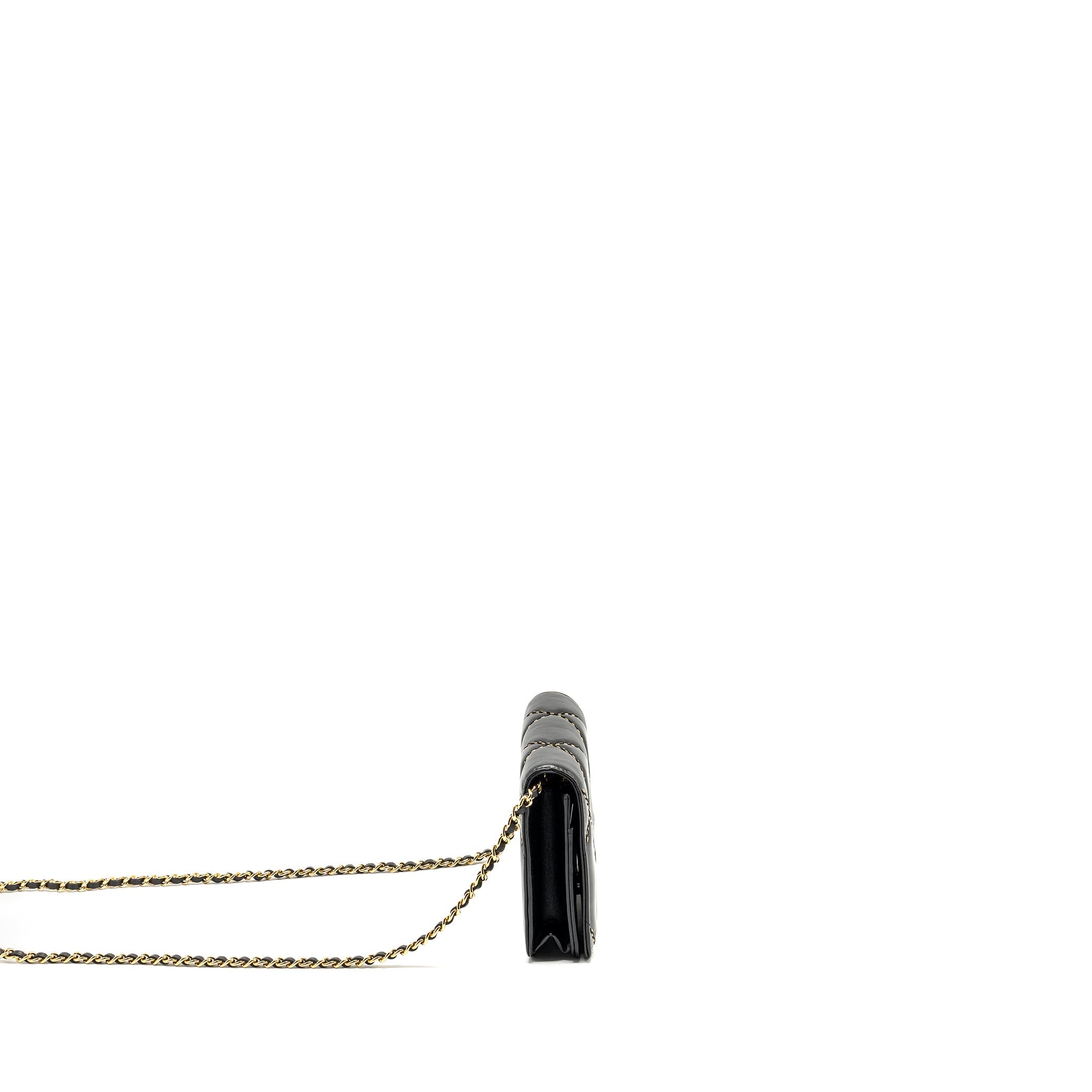 CHANEL QUILTED WALLET ON CHAIN SHINY CALFSKIN BLACK GHW (MICROCHIP)