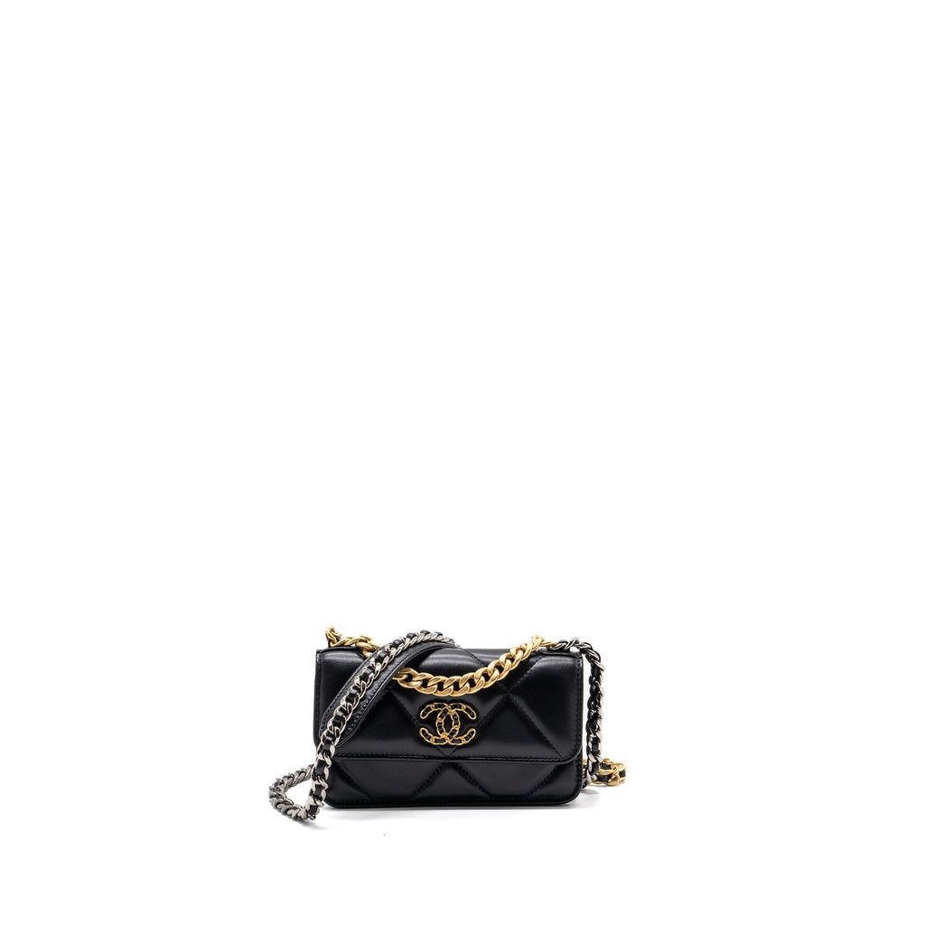 CHANEL MINI 19 WALLET ON CHAIN LAMBSKIN BLACK MULTICOLOUR HARDWARE (MICROCHIP)
