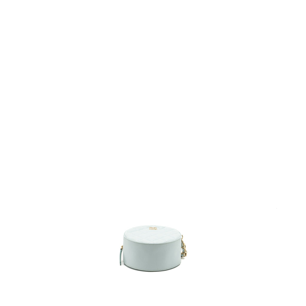 CHANEL MINI ROUND VANITY WITH RIBBON ON CHAIN LAMBSKIN LIGHT BLUE LGHW