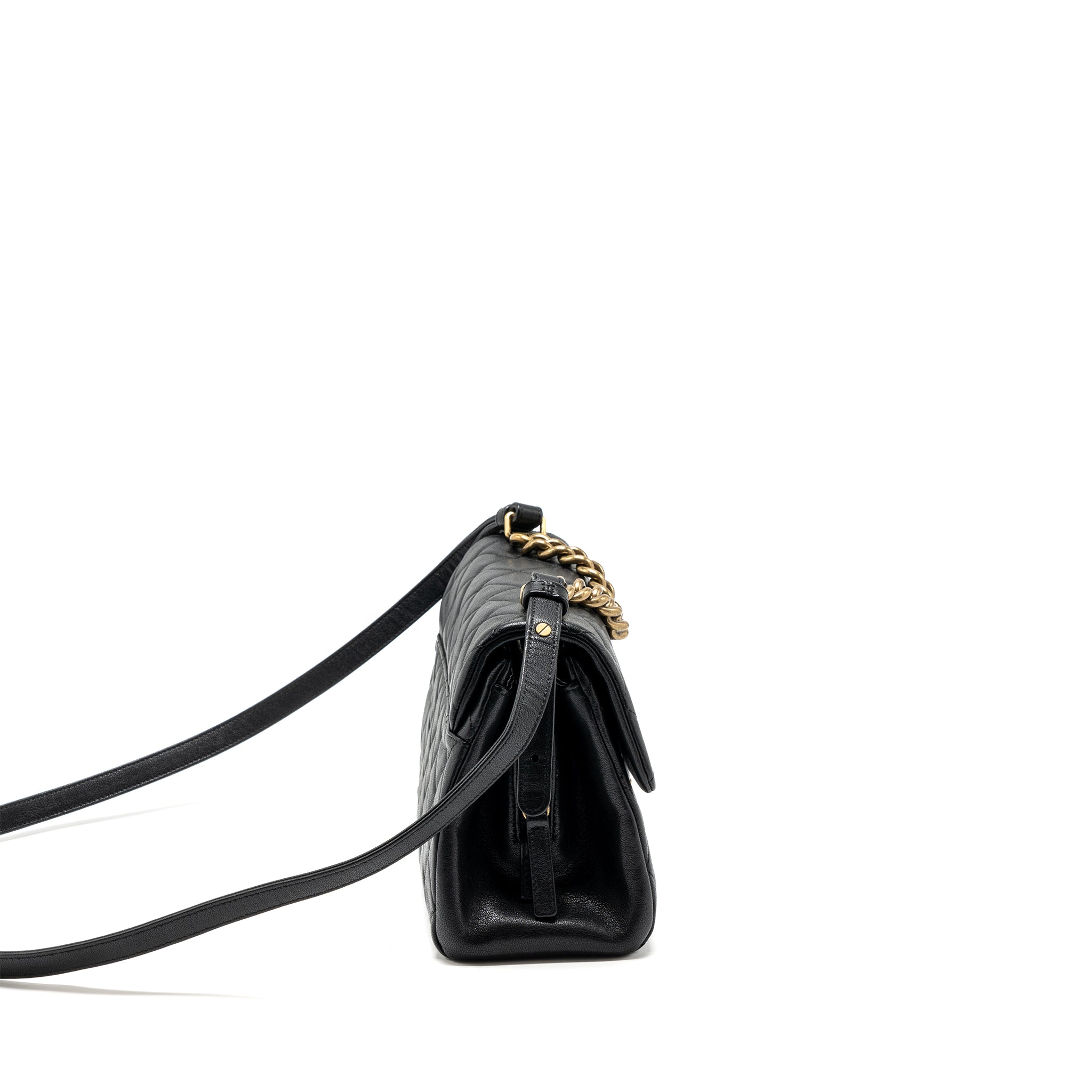 CHANEL CHAINS HANDLE FLAP BAG LAMBSKIN BLACK GHW