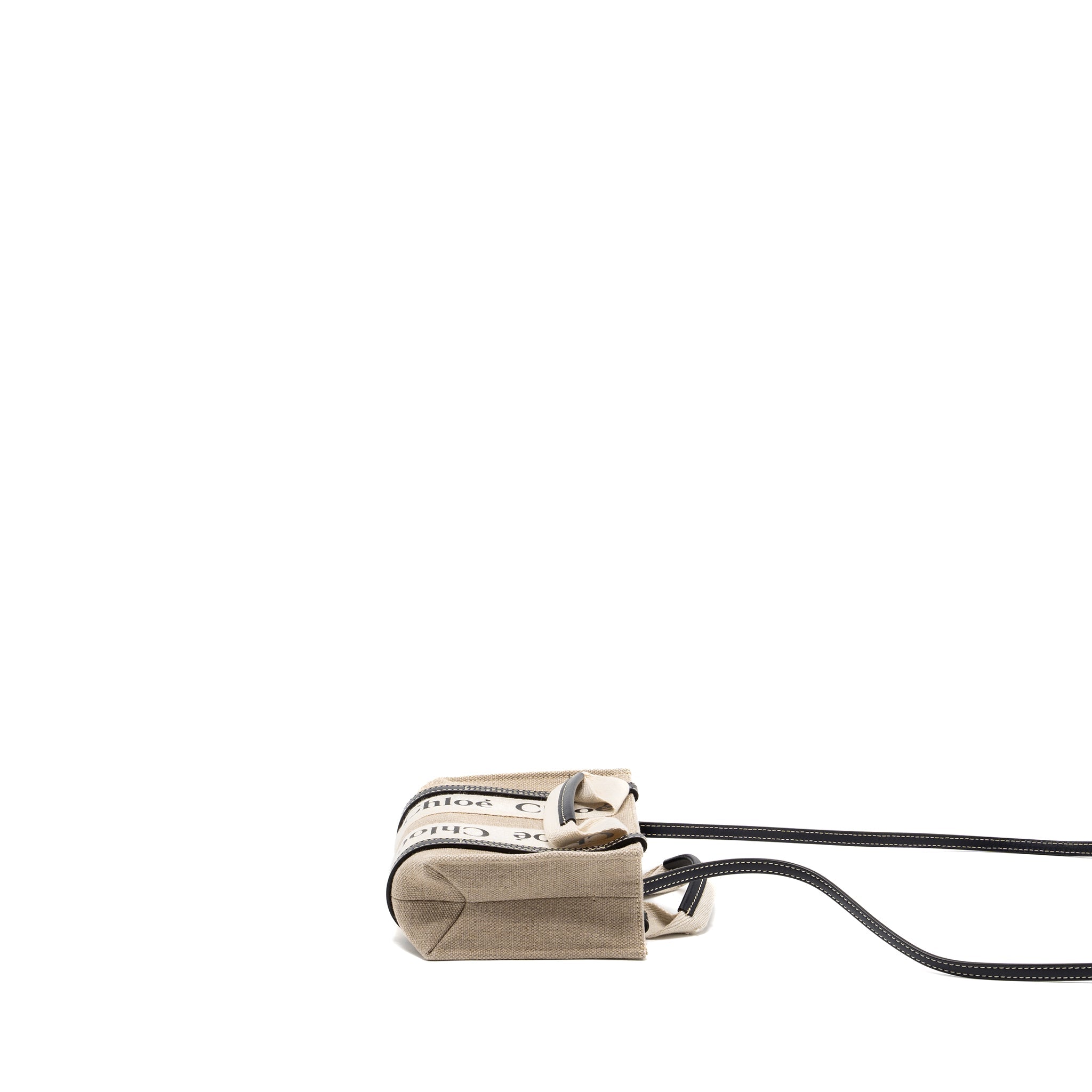 CHLOE WOODY MINI TOTE BAG CANVAS BEIGE/BLACK