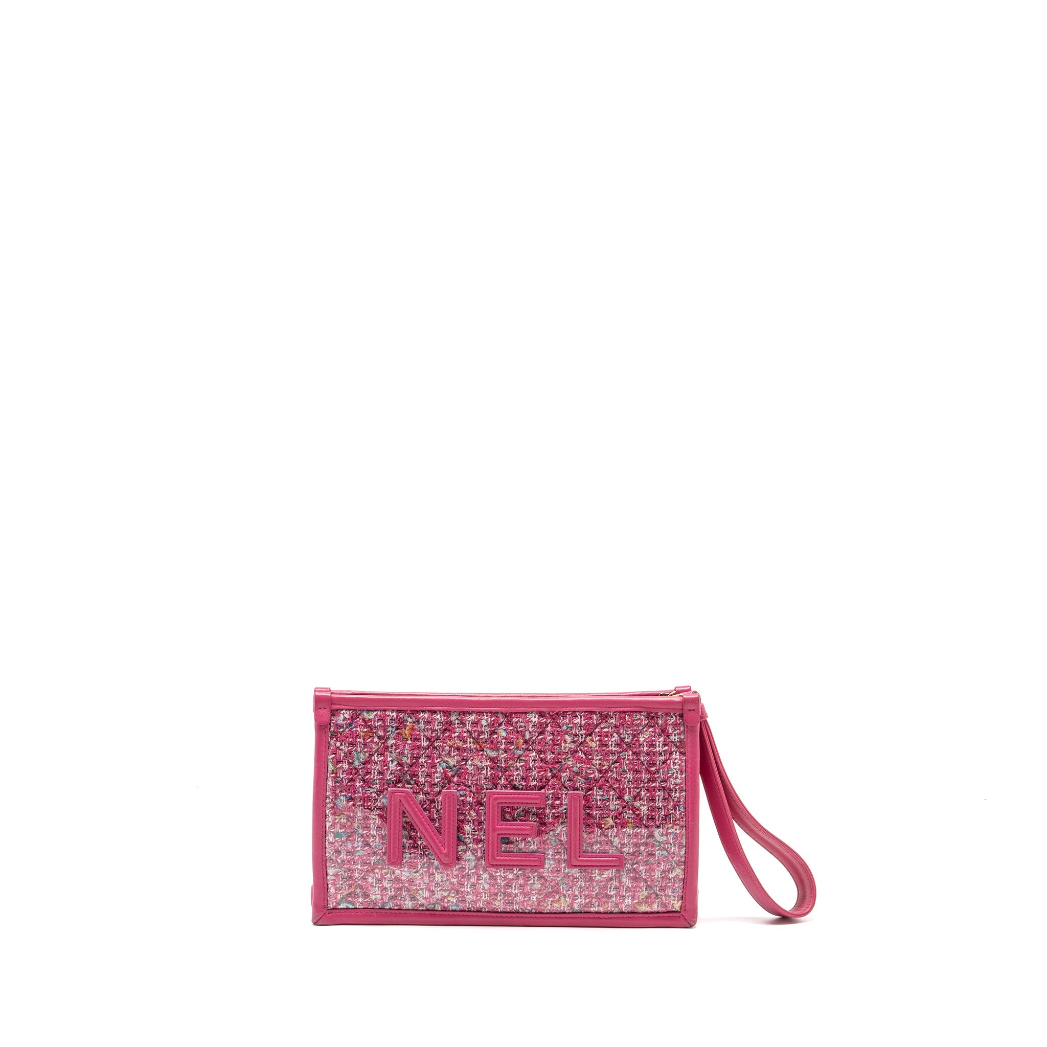 CHANEL 19S LOGO POUCH TWEED/PVC PINK GHW