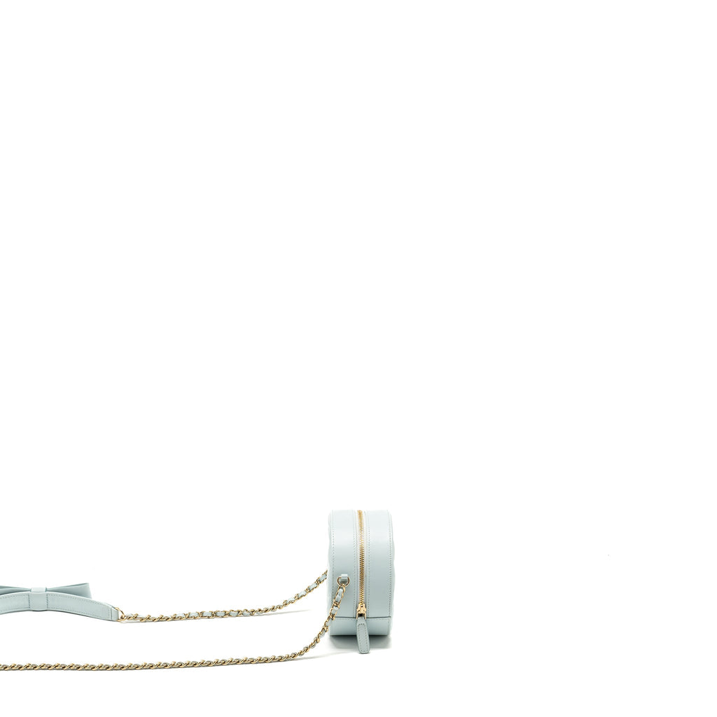 CHANEL MINI ROUND VANITY WITH RIBBON ON CHAIN LAMBSKIN LIGHT BLUE LGHW