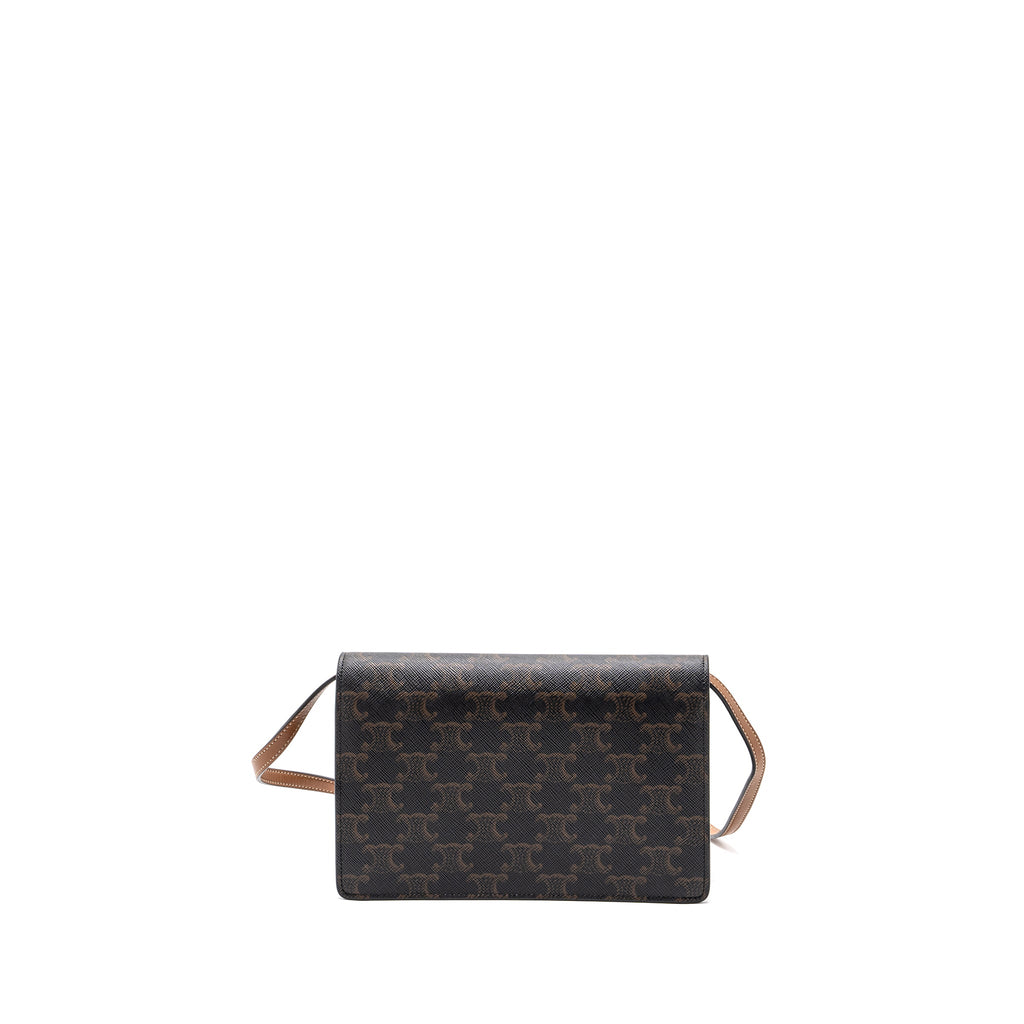 CELINE WALLET ON STRAP TRIOMPHE CANVAS / SMOOTH LAMBSKIN TAN WITH GHW