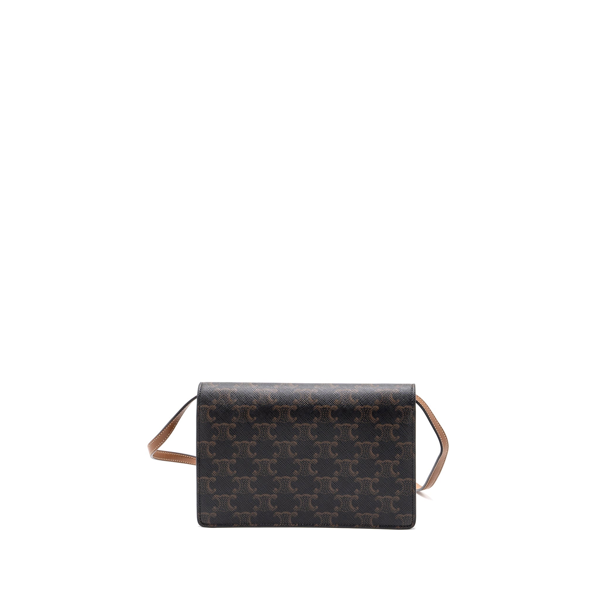 CELINE WALLET ON STRAP TRIOMPHE CANVAS / SMOOTH LAMBSKIN TAN WITH GHW