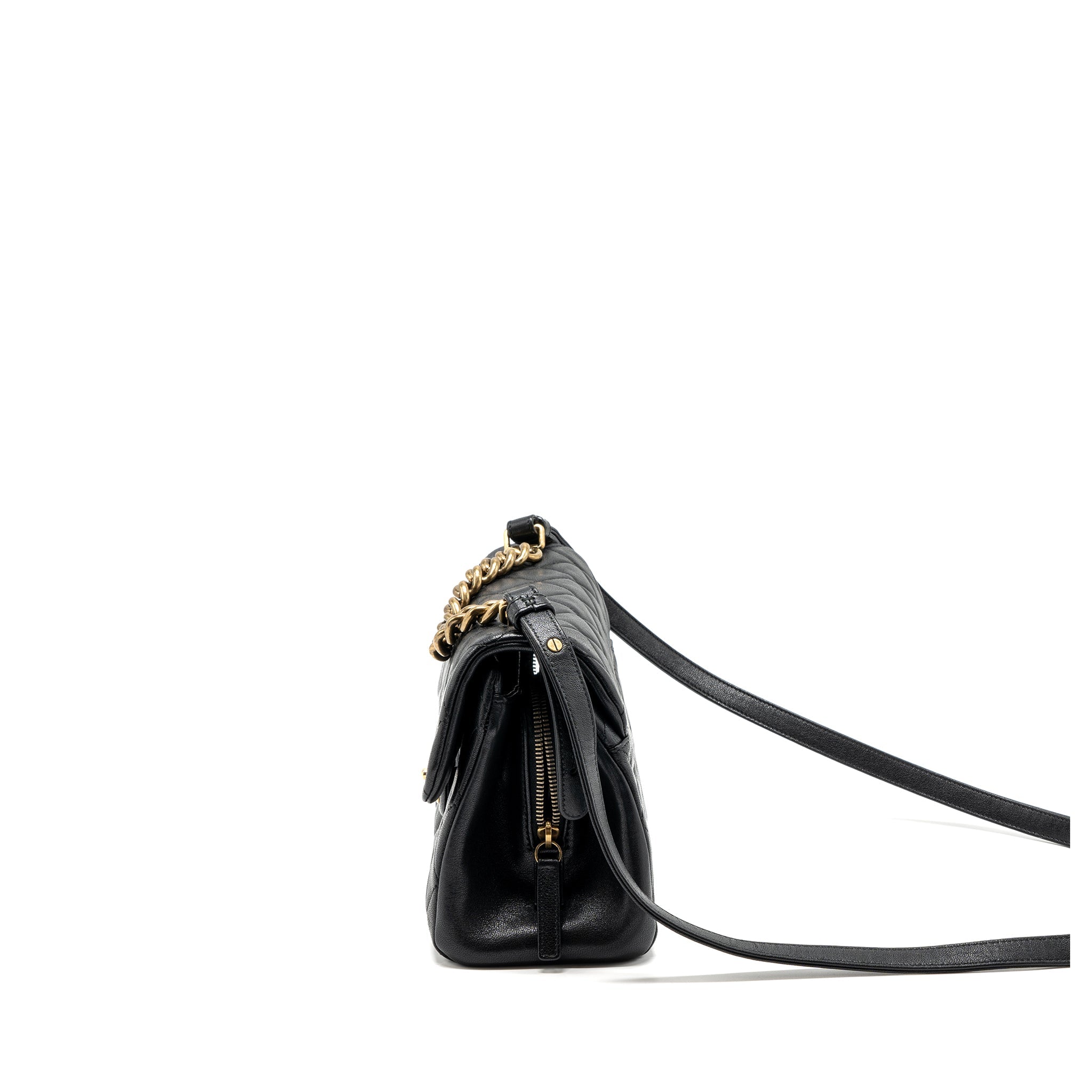 CHANEL CHAINS HANDLE FLAP BAG LAMBSKIN BLACK GHW