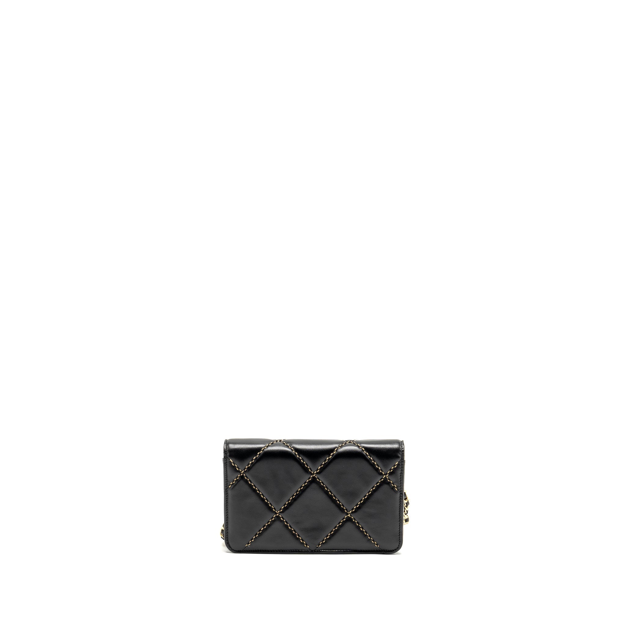 CHANEL QUILTED WALLET ON CHAIN SHINY CALFSKIN BLACK GHW (MICROCHIP)
