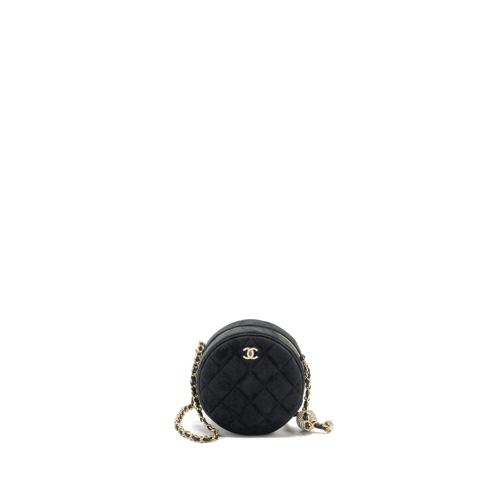 CHANEL PEARL CRUSH ROUND CLUTCH QUILTED VELVET BLACK LGHW