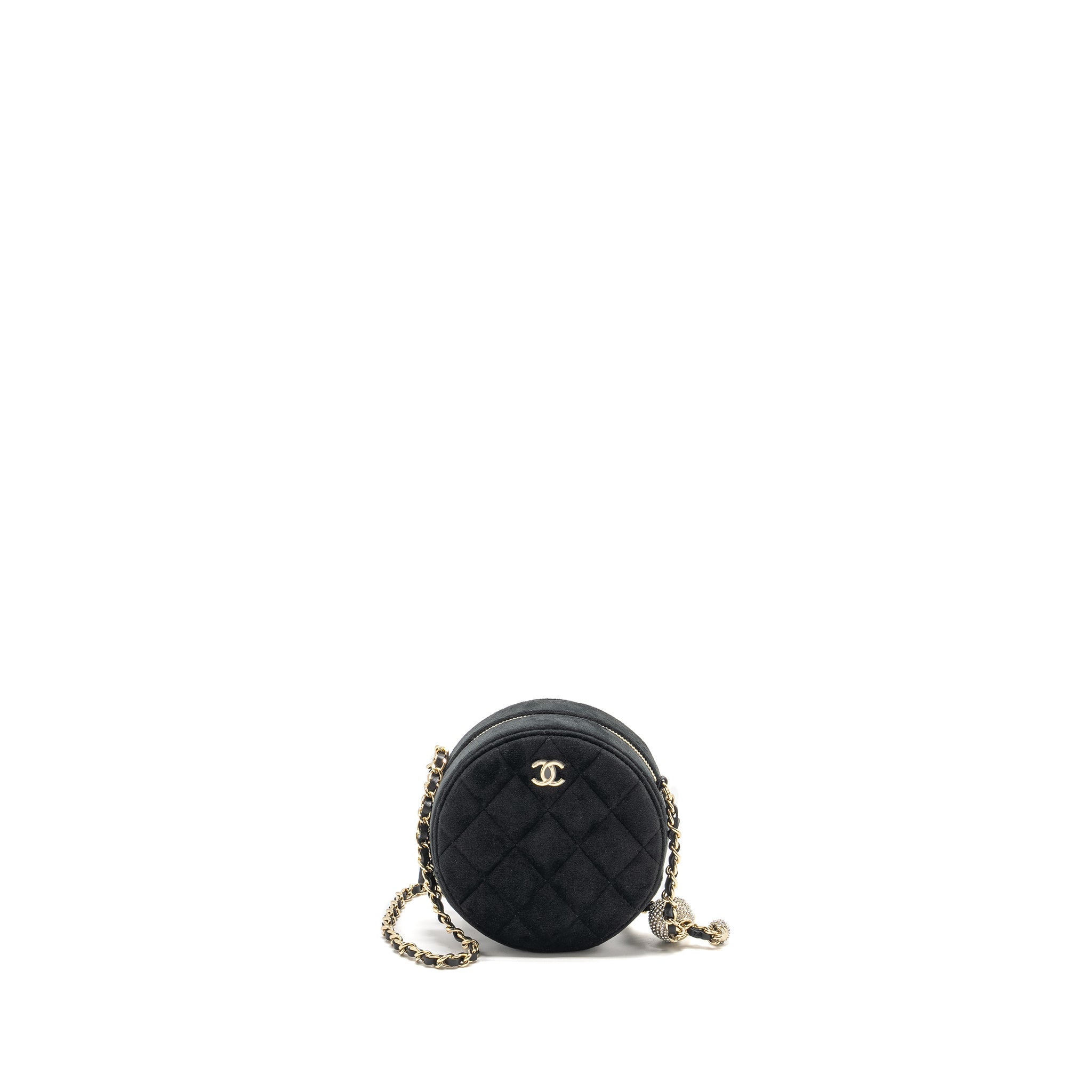 CHANEL PEARL CRUSH ROUND CLUTCH QUILTED VELVET BLACK LGHW