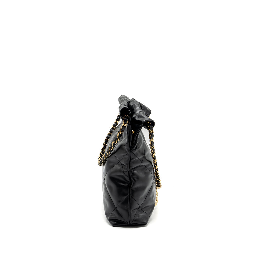 CHANEL SMALL 22 BAG GOLD LETTER SHINY CALFSKIN BLACK GHW (MICROCHIP)