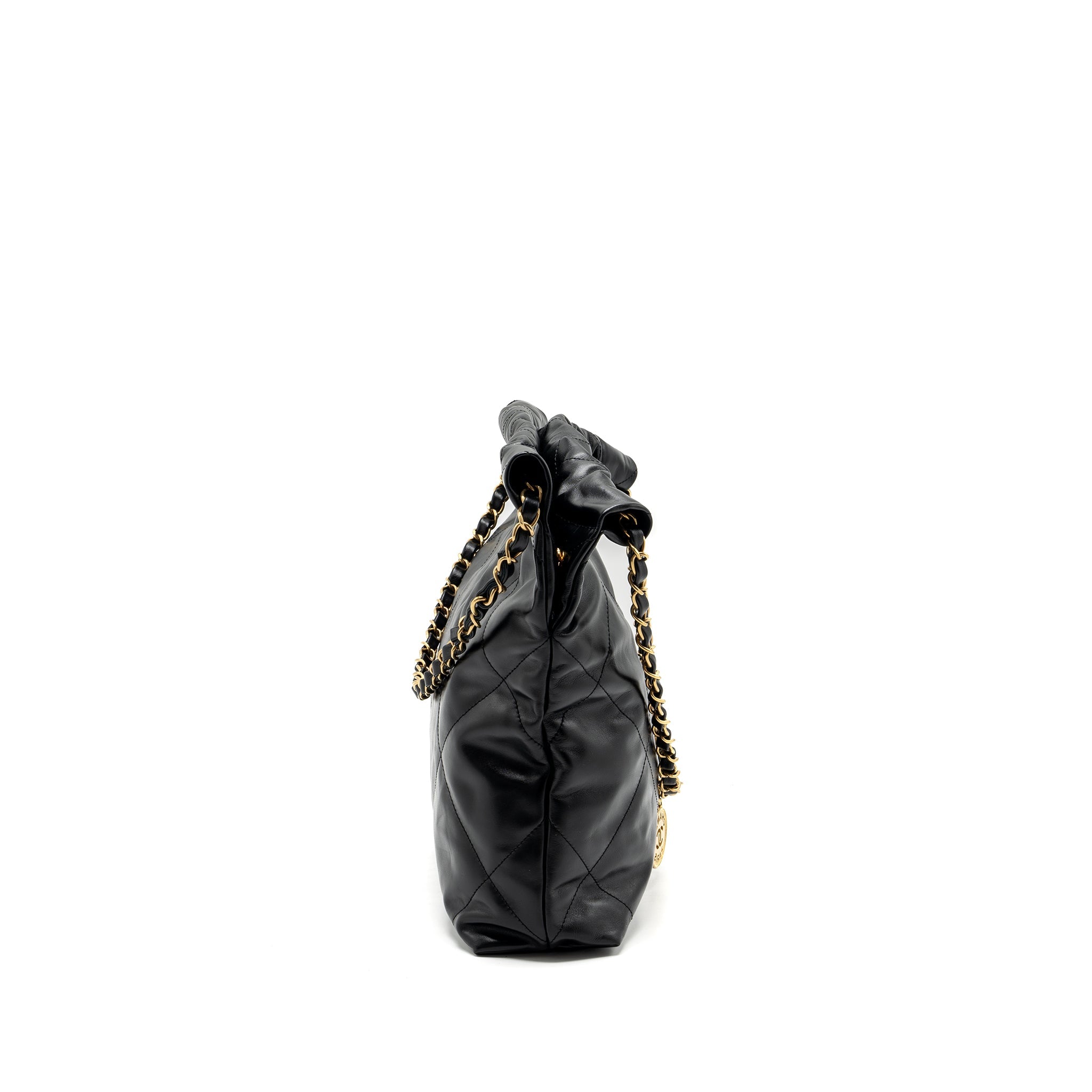 CHANEL SMALL 22 BAG GOLD LETTER SHINY CALFSKIN BLACK GHW (MICROCHIP)