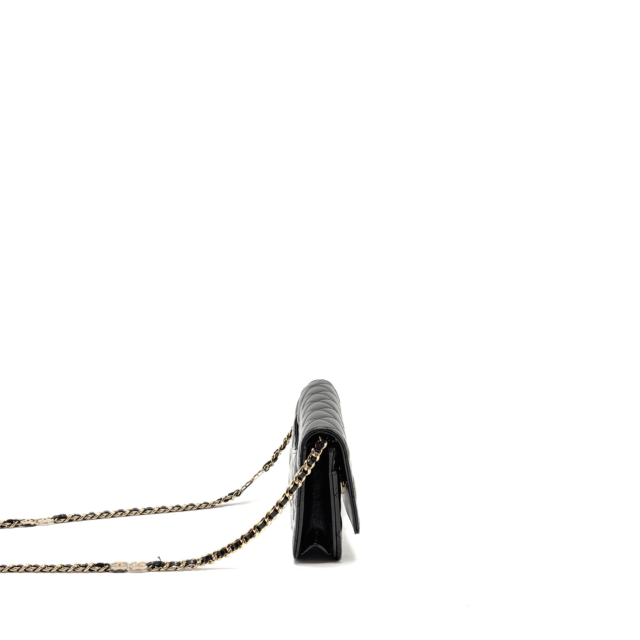CHANEL WALLET ON CC DETAILED CHAIN SHINY LAMBSKIN BLACK GHW (MICROCHIP)