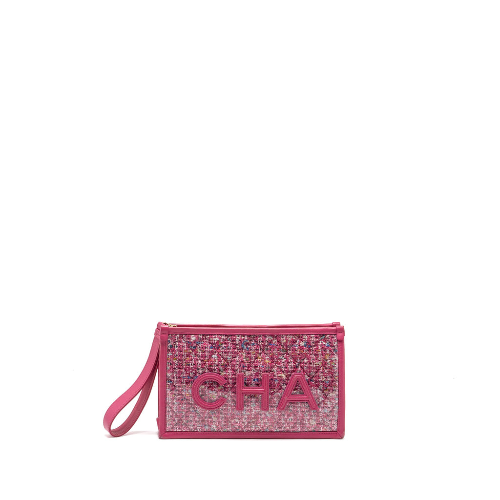 CHANEL 19S LOGO POUCH TWEED/PVC PINK GHW