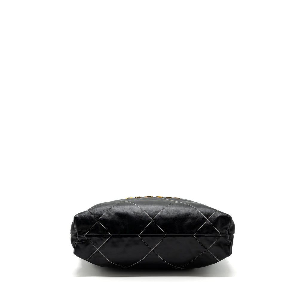 CHANEL SMALL 22 BAG GOLD LETTER SHINY CALFSKIN BLACK BRUSHED GHW(MICROCHIP)