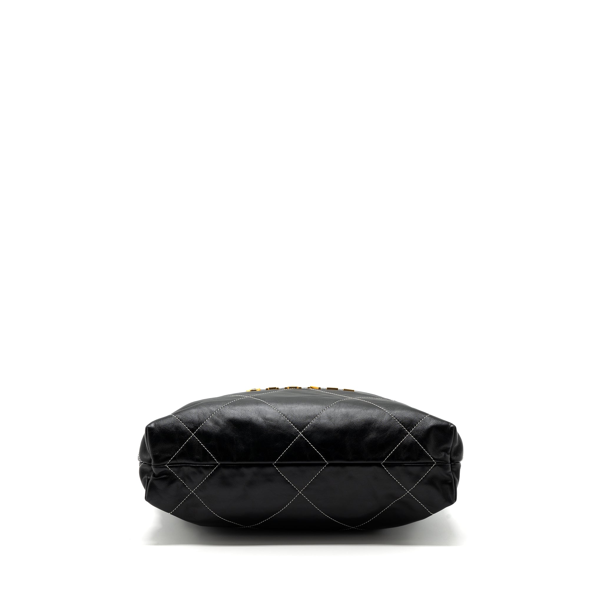 CHANEL SMALL 22 BAG GOLD LETTER SHINY CALFSKIN BLACK BRUSHED GHW(MICROCHIP)