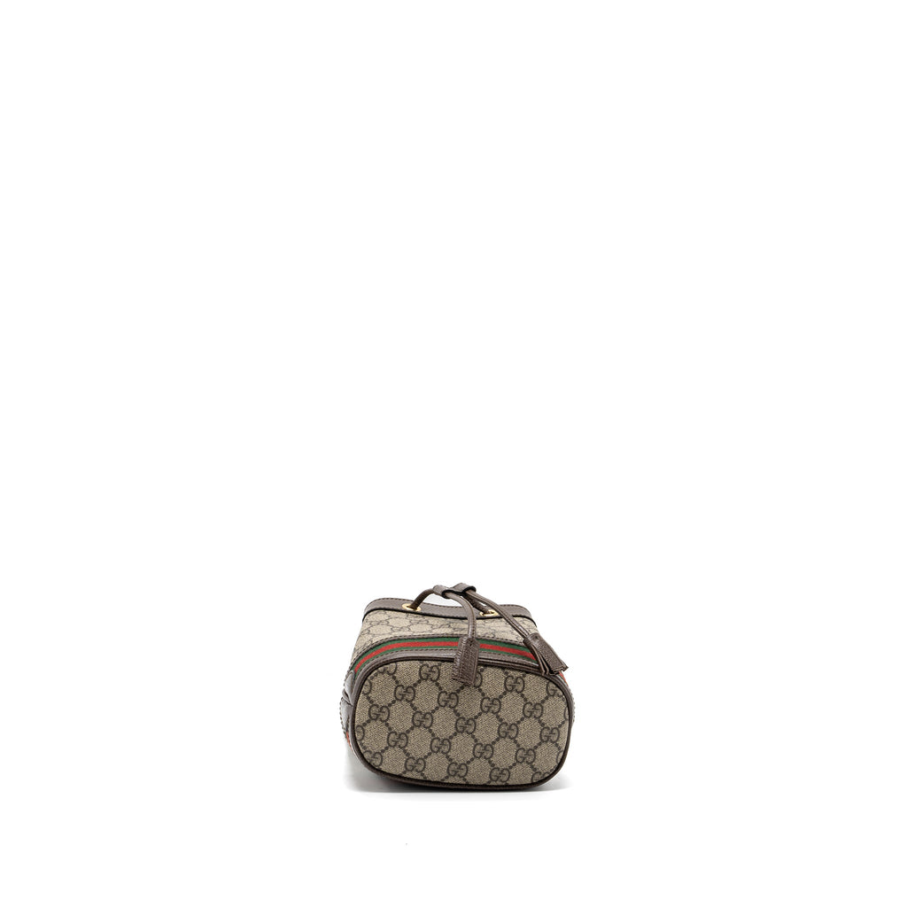 GUCCI OPHIDIA MINI GG BUCKET BAG BEIGE / EBONY GG SUPREME CANVAS GHW