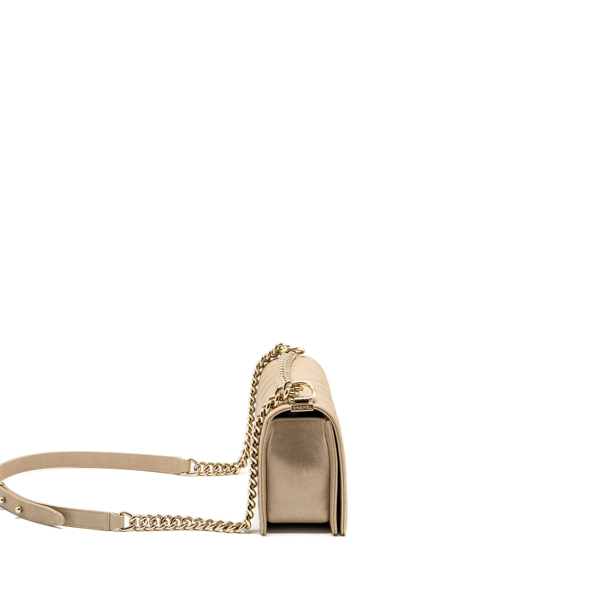 CHANEL MEDIUM CHEVRON BOY BAG CAVIAR IRIDESCENCE LIGHT BEIGE LGHW