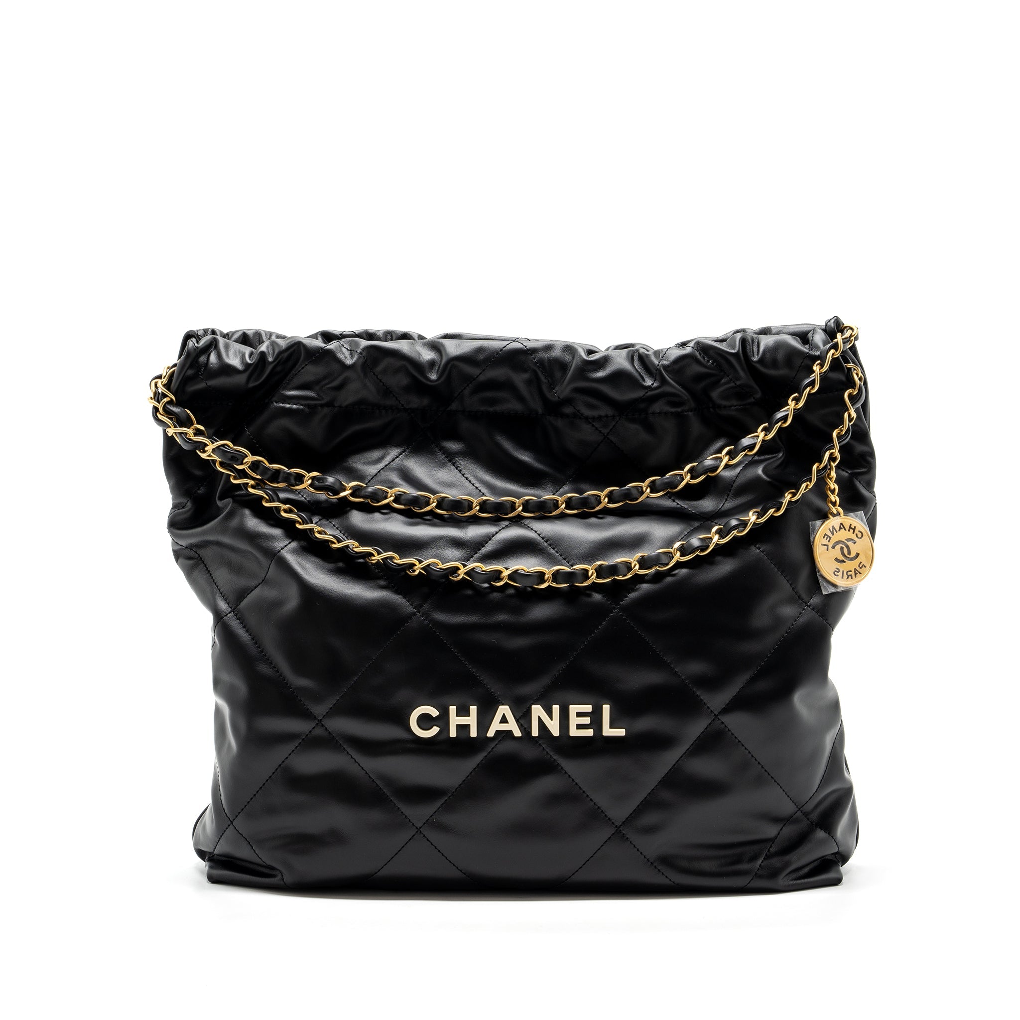 CHANEL MEDIUM 22 BAG WHITE LETTER CALFSKIN BLACK GHW(MICROCHIP)