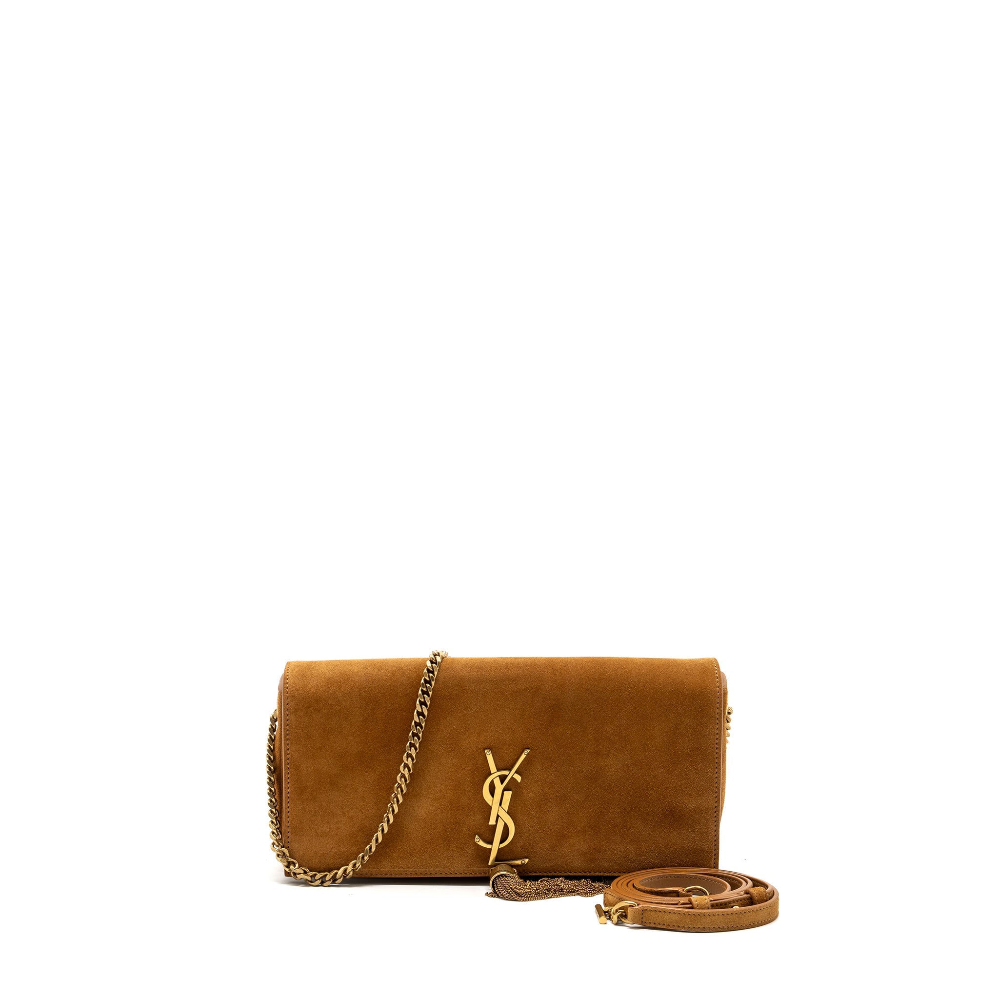SAINT LAURENT KATE TASSEL CROSSBODY BAG SUEDE BROWN GHW