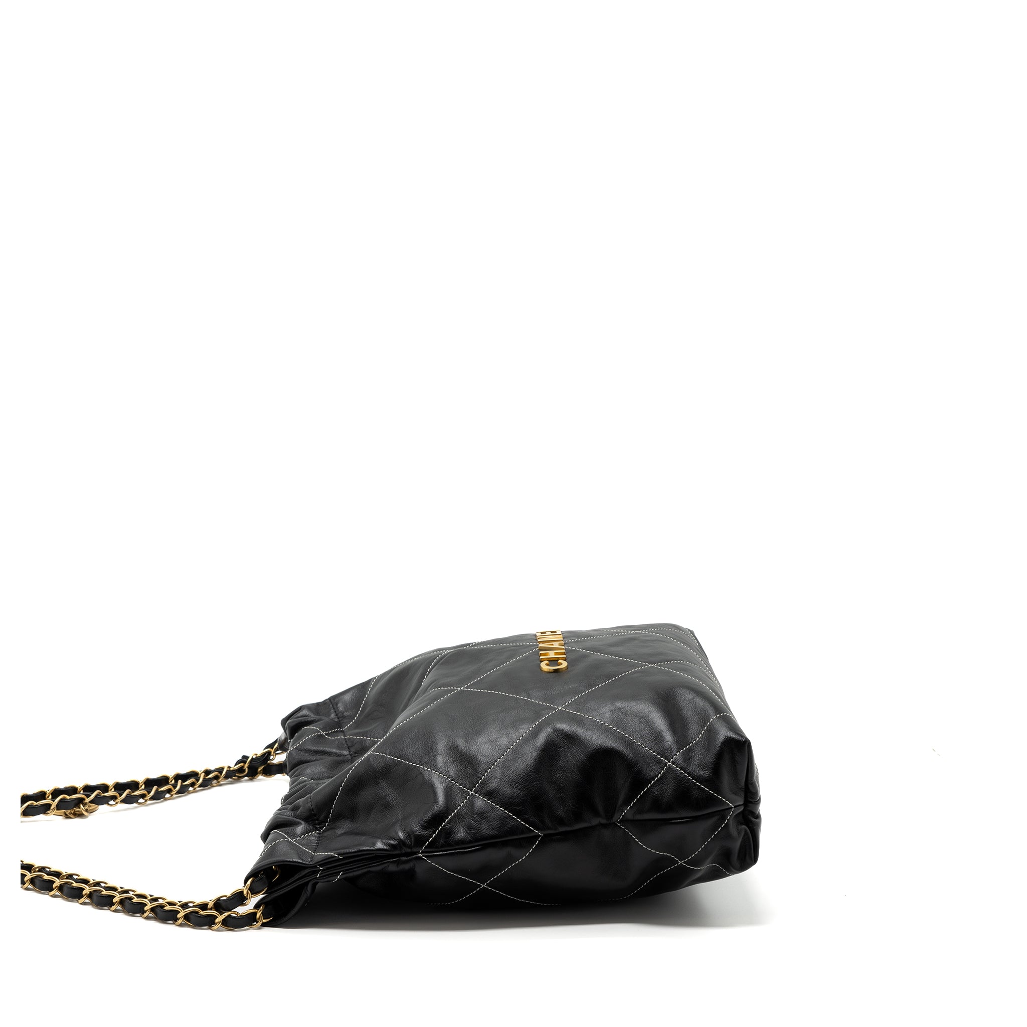 CHANEL SMALL 22 BAG GOLD LETTER SHINY CALFSKIN BLACK BRUSHED GHW(MICROCHIP)