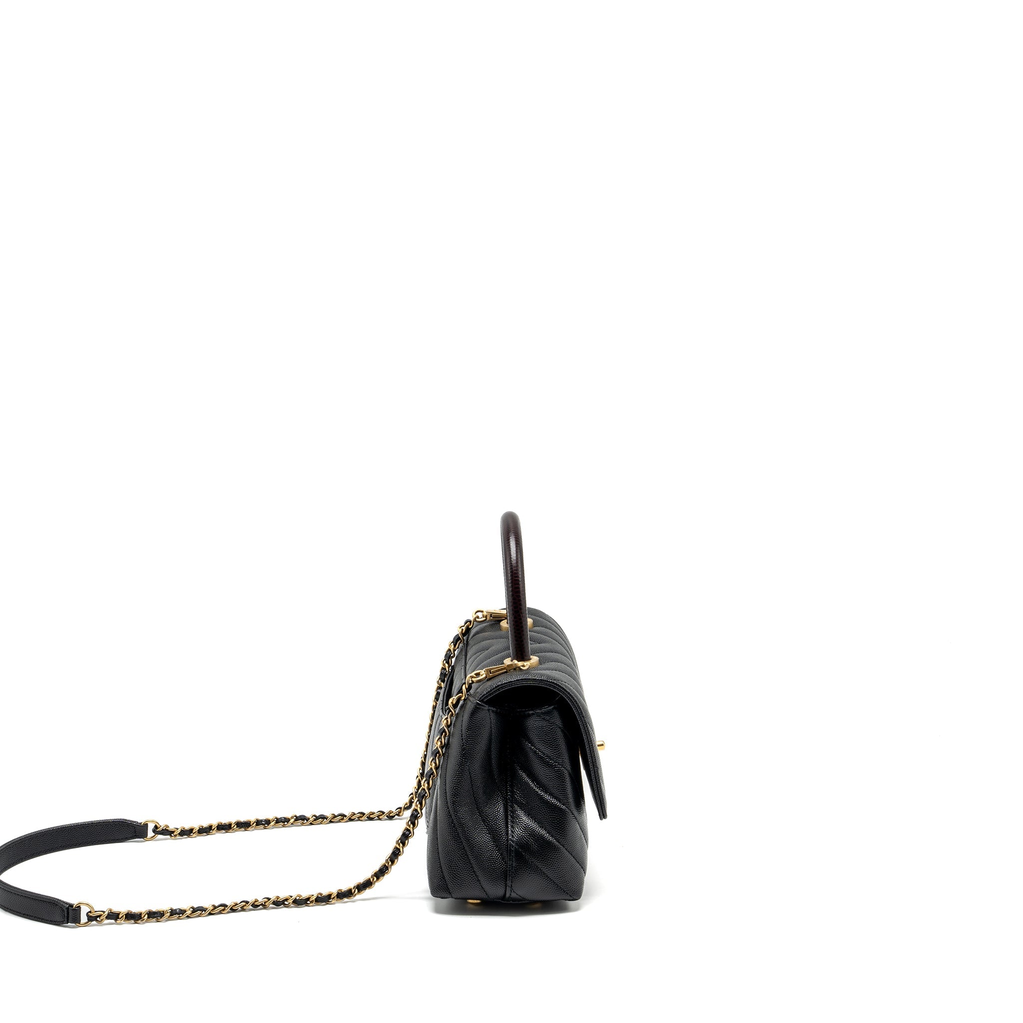 CHANEL SMALL COCO HANDLE CHEVRON CAVIAR WITH LIZARD EMBOSSED HANDLE BLACK/ BURGUNDY GHW