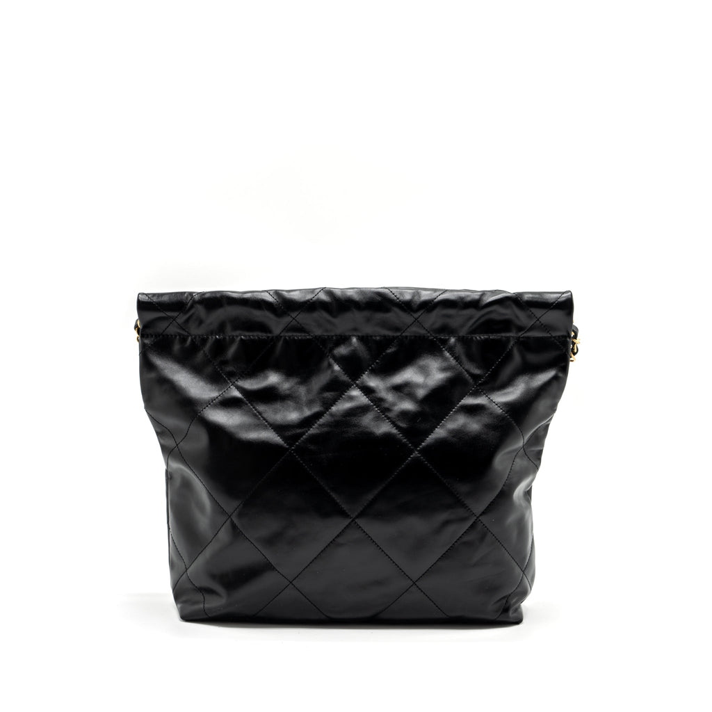 CHANEL SMALL 22 BAG GOLD LETTER SHINY CALFSKIN BLACK GHW (MICROCHIP)
