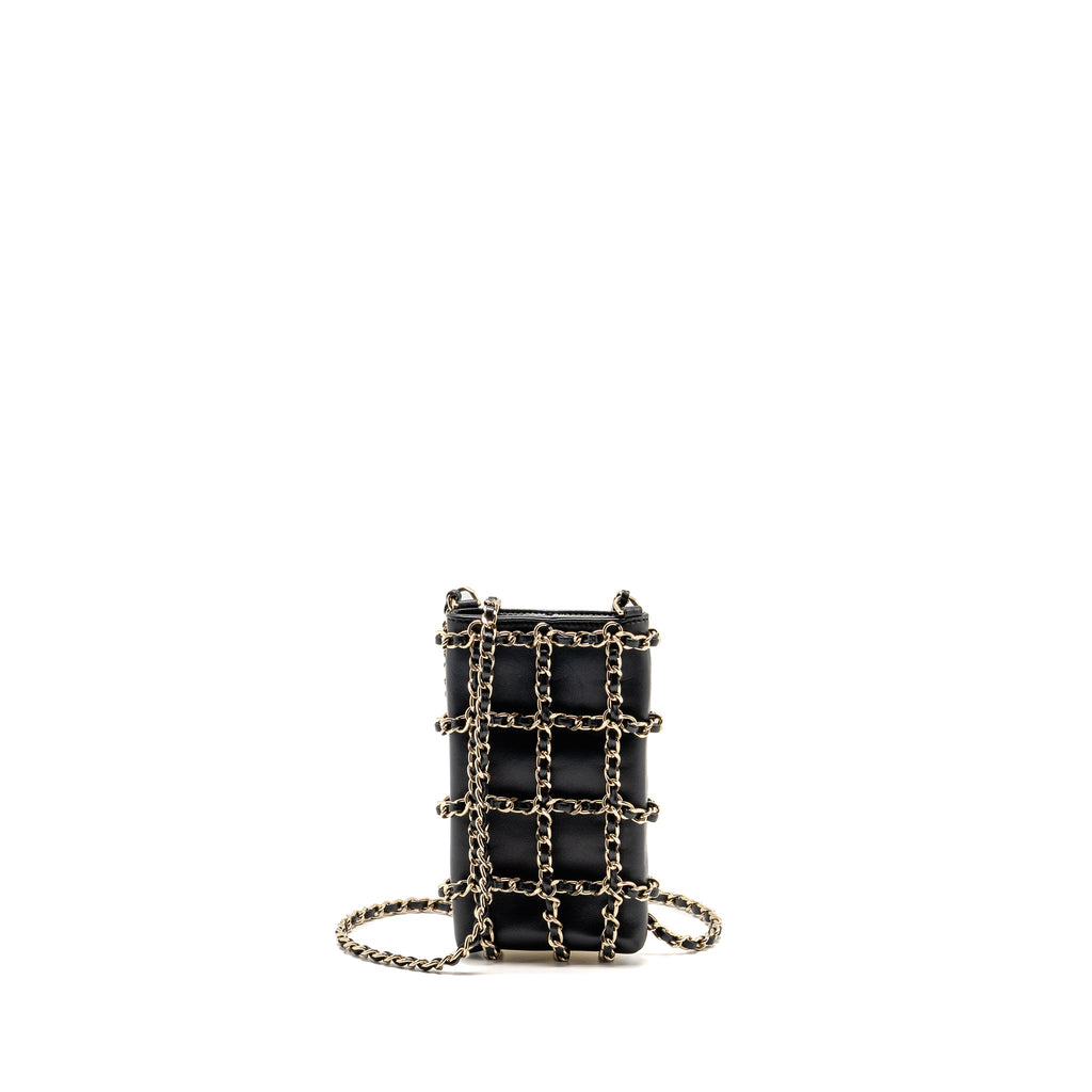 CHANEL GOLD CLUTCH O CHAIN VERTICAL PHONE HOLDER LAMBSKIN BLACK GHW
