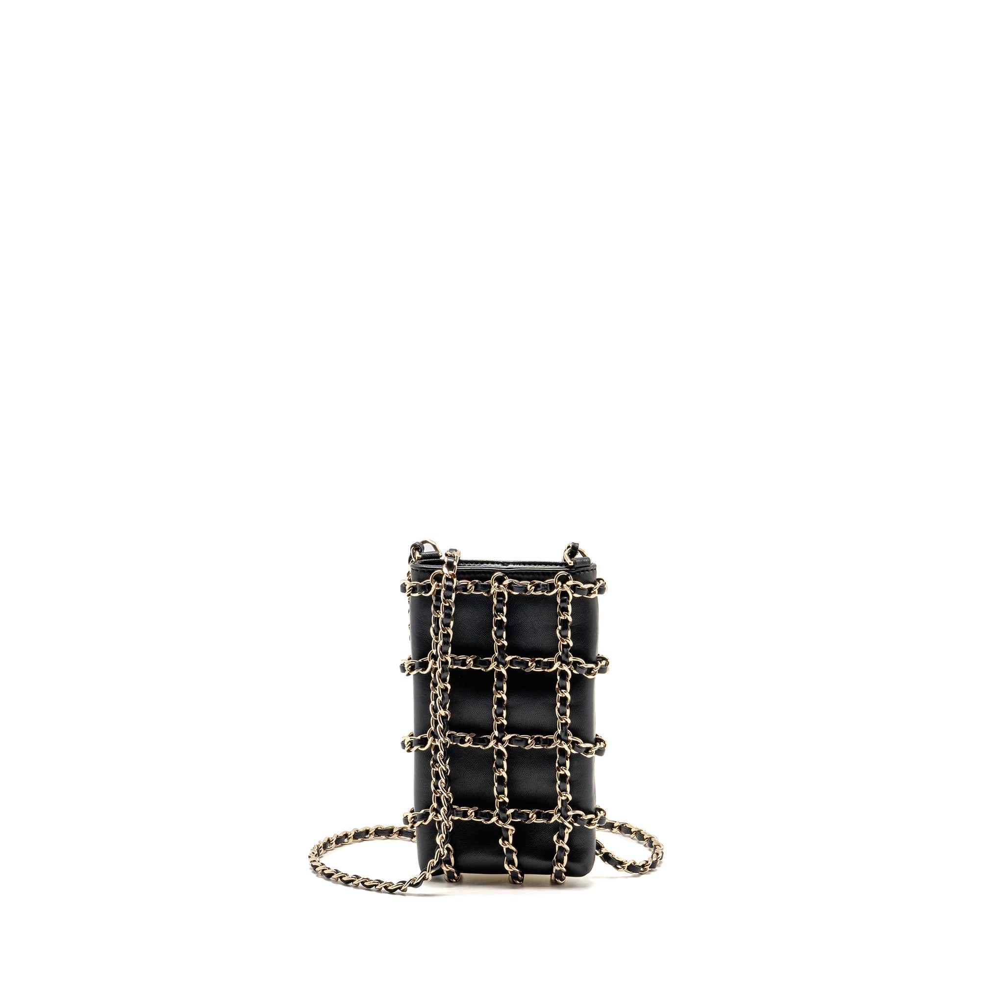 CHANEL GOLD CLUTCH O CHAIN VERTICAL PHONE HOLDER LAMBSKIN BLACK GHW