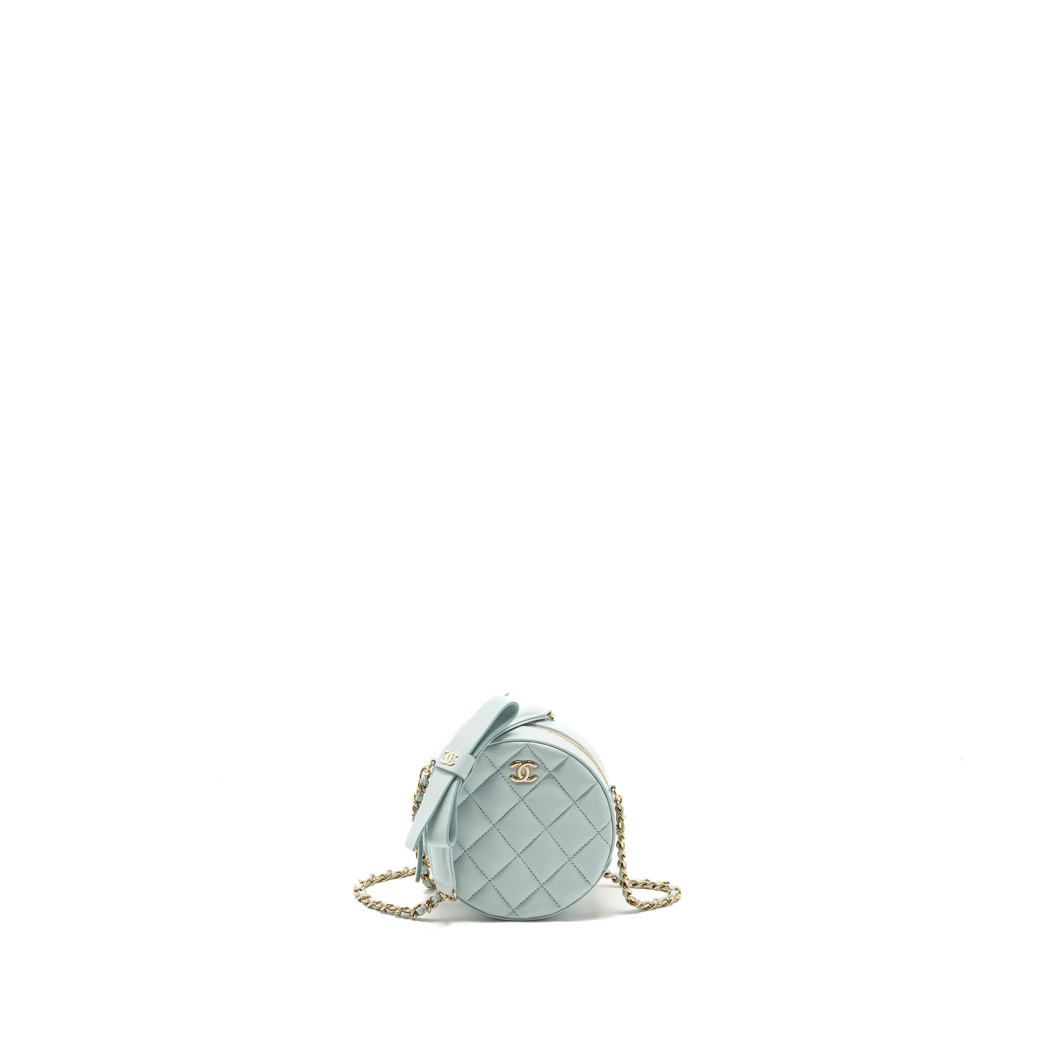 CHANEL MINI ROUND VANITY WITH RIBBON ON CHAIN LAMBSKIN LIGHT BLUE LGHW