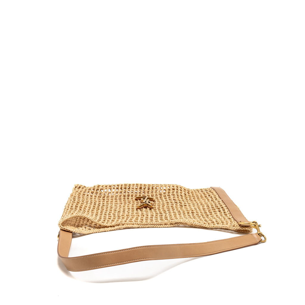 SAINT LAURENT/YSL OXALIS CROCHET SHOULDER BAG RIFFIA/LEATHER BEIGE GHW