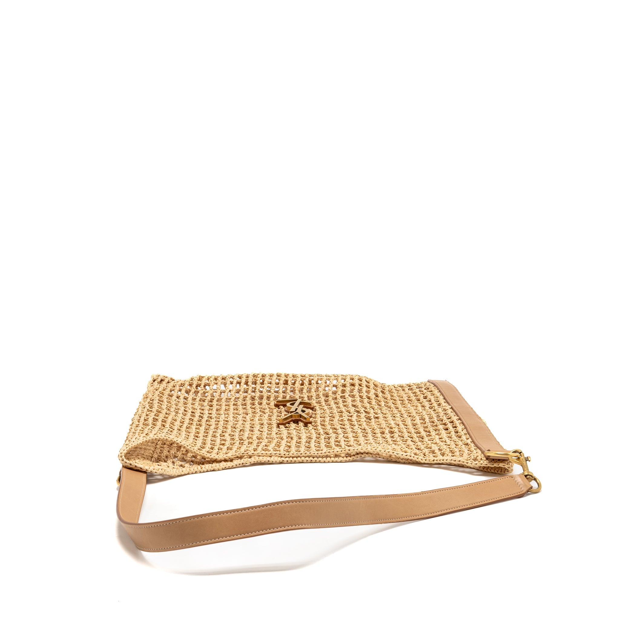 SAINT LAURENT/YSL OXALIS CROCHET SHOULDER BAG RIFFIA/LEATHER BEIGE GHW