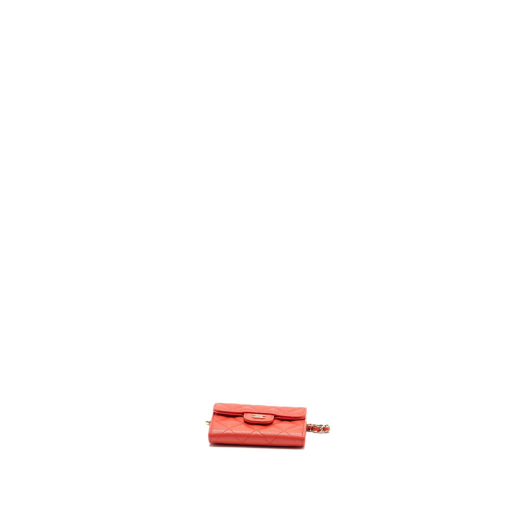 CHANEL FLAP CARD HOLDER WITH CHAIN ON ONE SIDE CAVIAR CORAL PINK LGHW