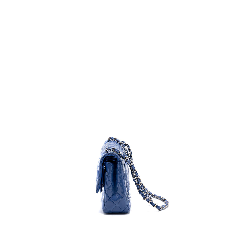 CHANEL MEDIUM CLASSIC DOUBLE FLAP BAG PATENT LIGHT BLUE SHW