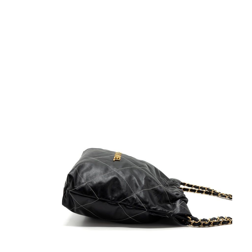 CHANEL SMALL 22 BAG GOLD LETTER SHINY CALFSKIN BLACK BRUSHED GHW(MICROCHIP)