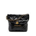 CHANEL SMALL 22 BAG GOLD LETTER SHINY CALFSKIN BLACK GHW (MICROCHIP)