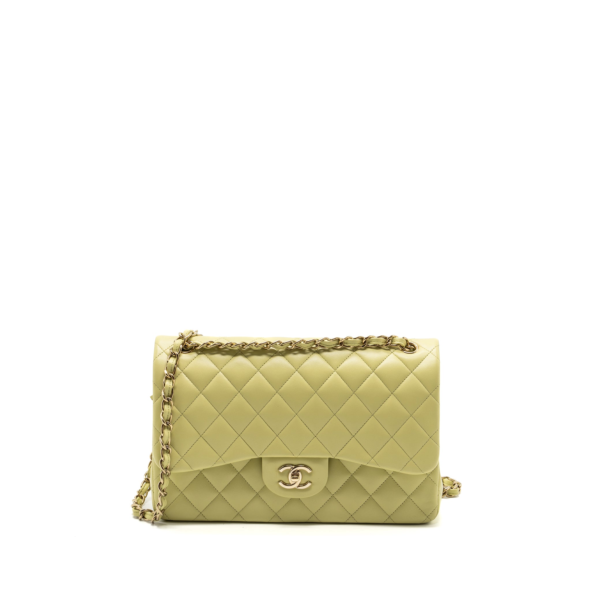 CHANEL 23C JUMBO CLASSIC DOUBLE FLAP BAG LAMBSKIN LIGHT GREEN LGHW (MICROCHIP)