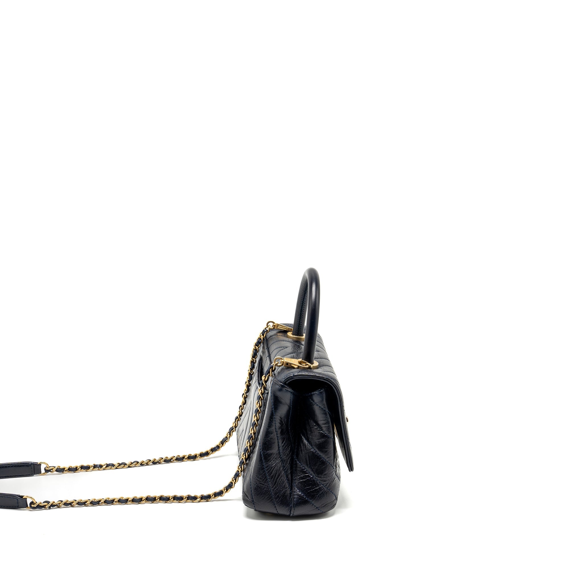 CHANEL SMALL COCO HANDLE CHEVRON CALFSKIN DARK BLUE GHW