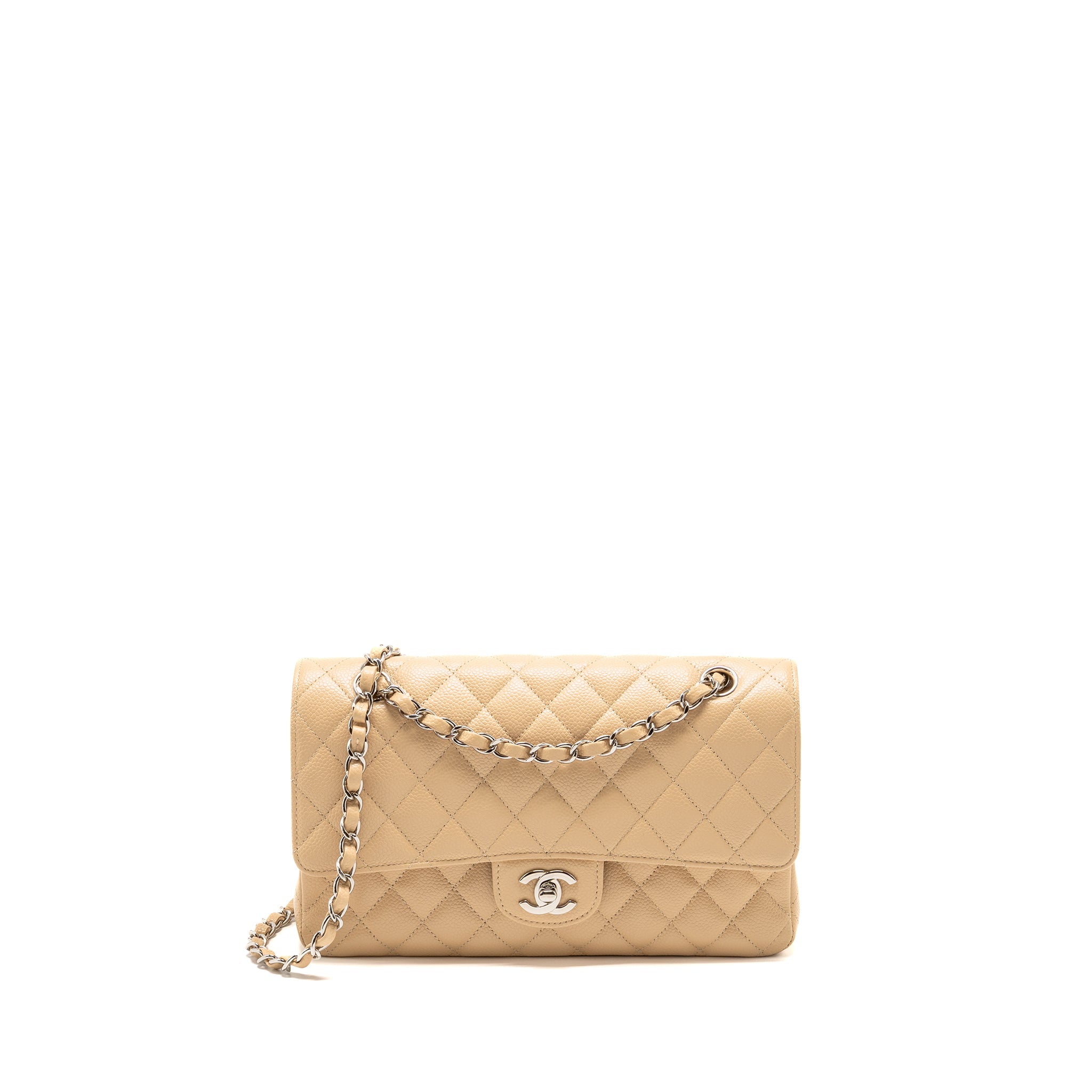 CHANEL MEDIUM CLASSIC DOUBLE FLAP BAG CAVIAR BEIGE SHW